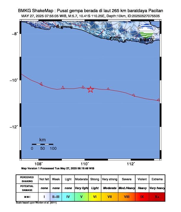 Gempa Kuat M 5,7 Guncang Pacitan Jawa Timur Pagi Ini